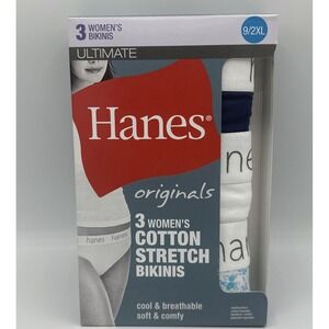 HANES 3 PK Originals Women's Cotton Stretch Thongs Underwear 9/2XL Navy/White